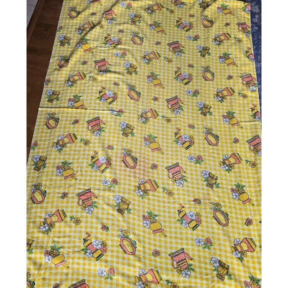 Vintage Terry Cloth Tablecloth 70s Kitchen Gold Yellow Check Flowers 51" X 74" - Picture 2 of 6